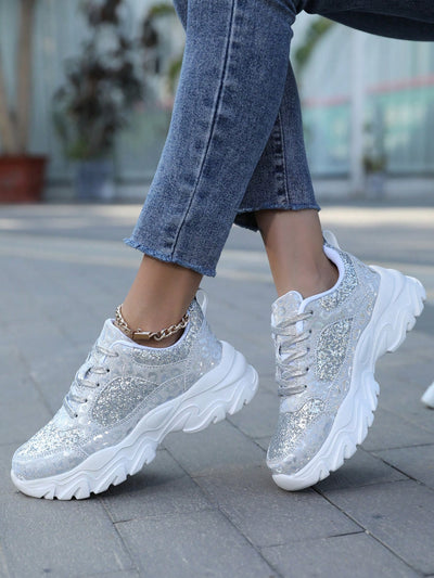 Shine Bright in Style: Women's Sparkly Anti-Skid Sports Shoes with Lace-Up Design for Outdoor Activities