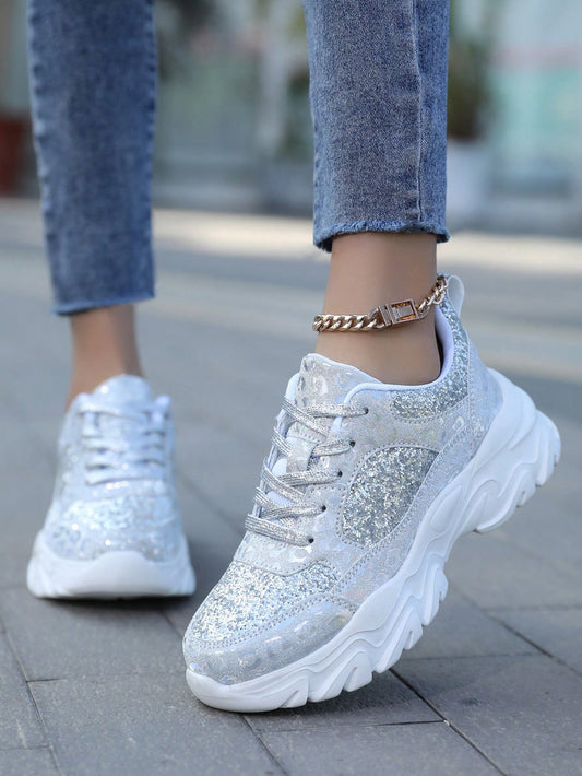 Shine Bright in Style: Women's Sparkly Anti-Skid Sports Shoes with Lace-Up Design for Outdoor Activities