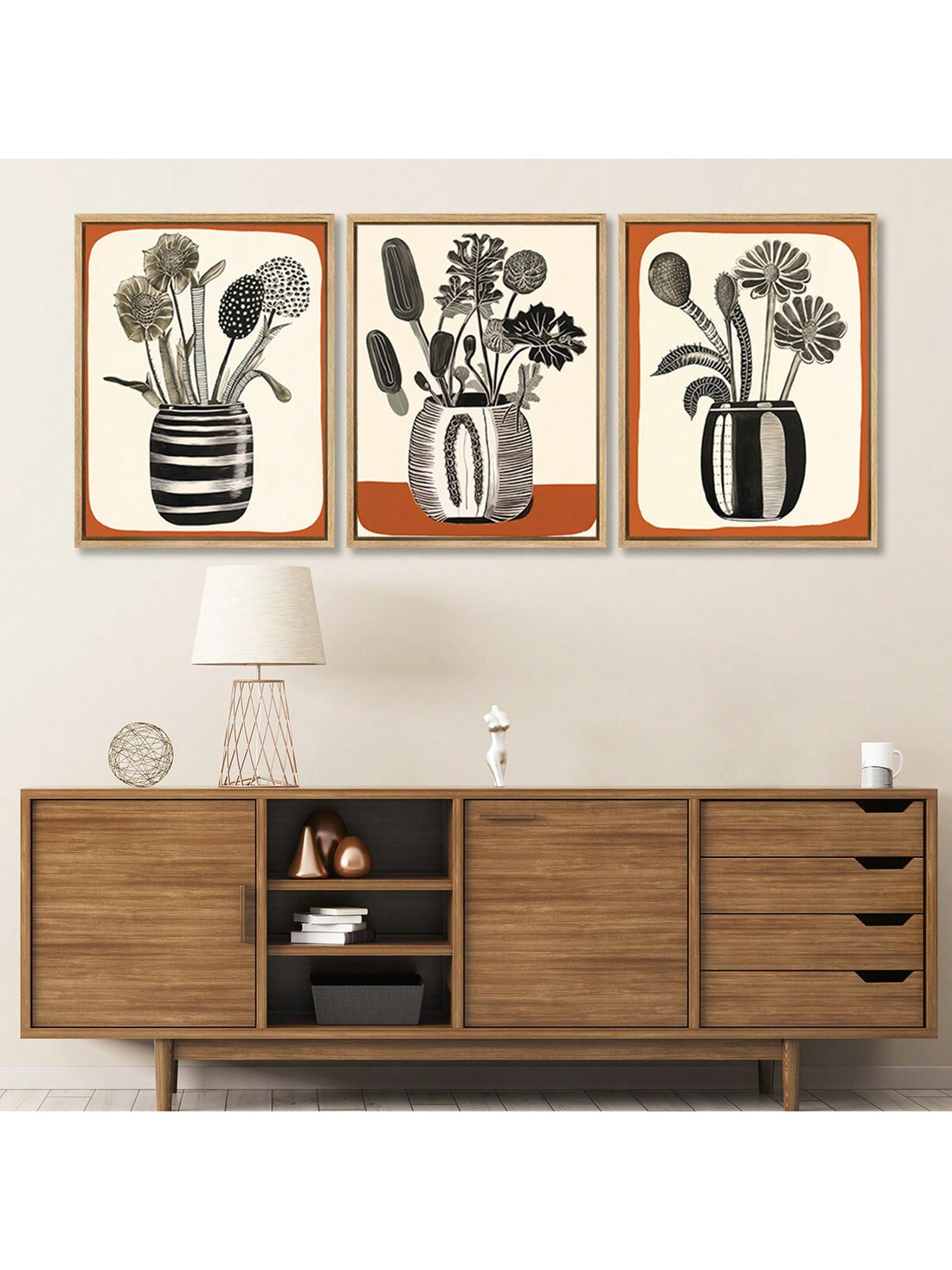 Add a pop of color and style to your home with our 3-piece canvas poster set. Featuring a retro vase in vibrant orange, these stylish wall hangings are perfect for any modern art enthusiast. Create an inviting atmosphere in your bedroom, living room, or hallway. A perfect gift for anyone looking to elevate their home decor.