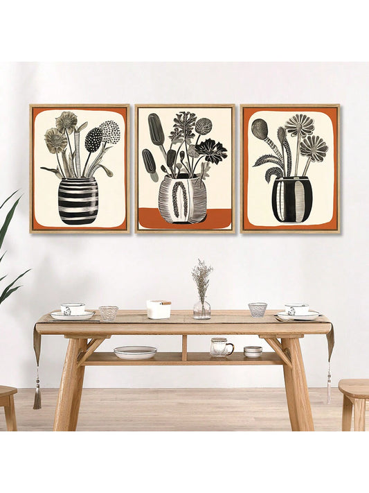 Add a pop of color and style to your home with our 3-piece canvas poster set. Featuring a retro vase in vibrant orange, these stylish wall hangings are perfect for any modern art enthusiast. Create an inviting atmosphere in your bedroom, living room, or hallway. A perfect gift for anyone looking to elevate their home decor.
