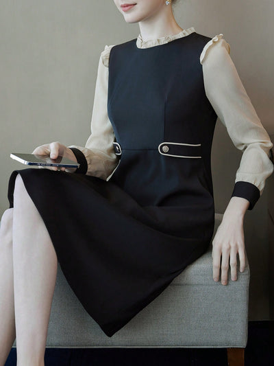 Chic and Elegant: Color Block Long Sleeve Dress with Button Decoration