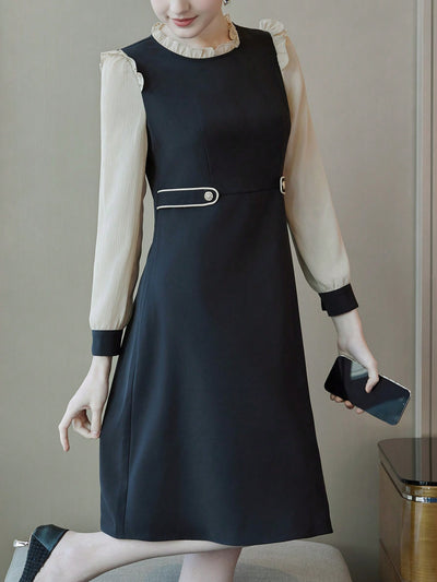 Chic and Elegant: Color Block Long Sleeve Dress with Button Decoration