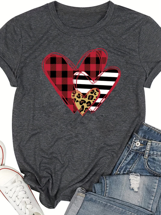 Leopard & Plaid & Striped Heart Tshirt for Women, Casual Short Sleeve Crew Neck T-shirt, Women's Clothing