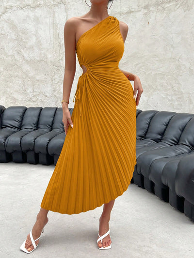 Radiant Rainbow: One-Shoulder Cut Out Waist Pleated Gradient Asymmetrical Hem Dress