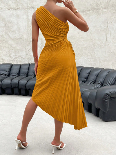 Radiant Rainbow: One-Shoulder Cut Out Waist Pleated Gradient Asymmetrical Hem Dress