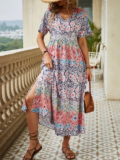 Bohemian Beauty Printed Short Sleeve Dress with Split Hem