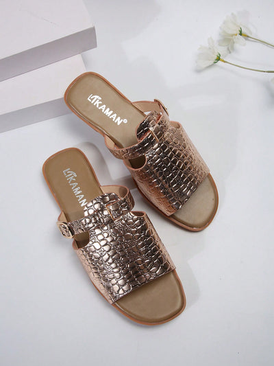 Chic and Stylish Snake Print Peep Toe Flat Sandals with Ankle Strap