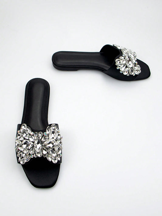 Sparkling Elegance: Rhinestone Decorated Black Suede Square-Toed Party Flat Sandals