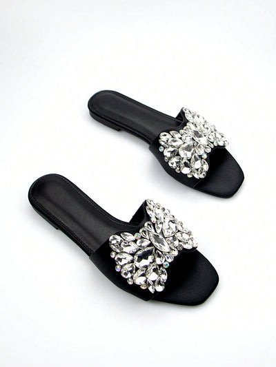 Sparkling Elegance: Rhinestone Decorated Black Suede Square-Toed Party Flat Sandals