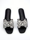 Sparkling Elegance: Rhinestone Decorated Black Suede Square-Toed Party Flat Sandals