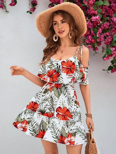 Tropical Bliss: Off-Shoulder Spaghetti Strap Dress for Summer Vacation and Beach Date Nights