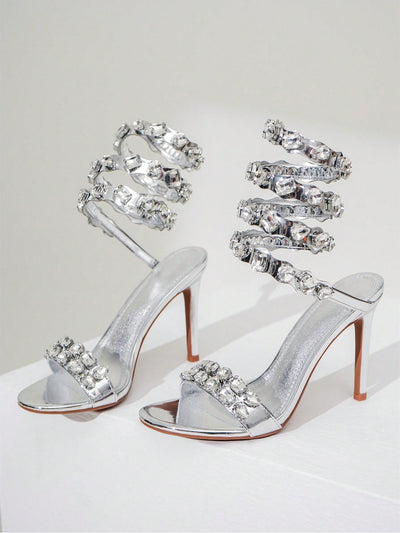 Sparkling Elegance: Rhinestone Rivet Decor Silver Stiletto High Heels for Wedding Party