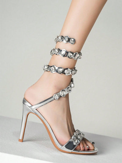 Sparkling Elegance: Rhinestone Rivet Decor Silver Stiletto High Heels for Wedding Party