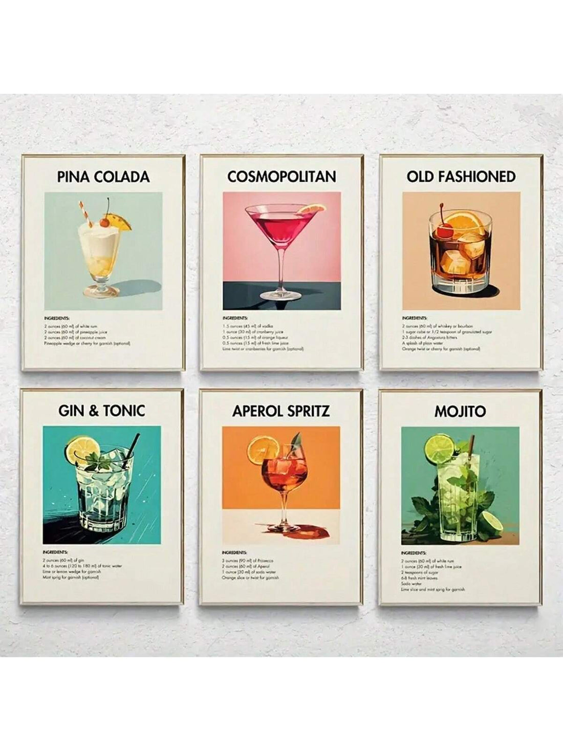 Transform your bar into a stylish and trendy space with our 6pcs set of classic bar cart decor. Featuring a trendy cocktail poster and Danish pastel canvas wall art, this set is perfect for college dorms and bar parties. Elevate your drinking experience with this must-have decor collection.