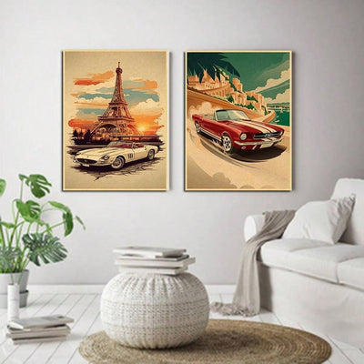 Vintage Car Lover's 6-Piece Wall Poster Set: Stylish Décor for Home, Bar, or Café