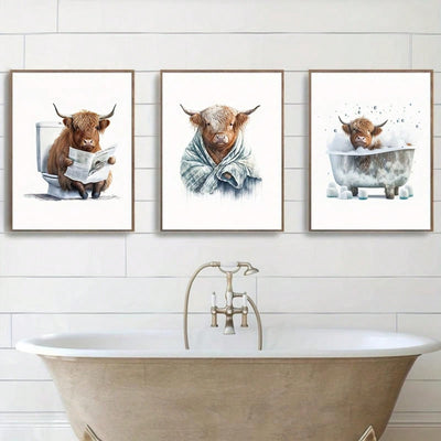 Hilarious Highland Cow Bathroom Wall Art Set for Farmhouse Decor