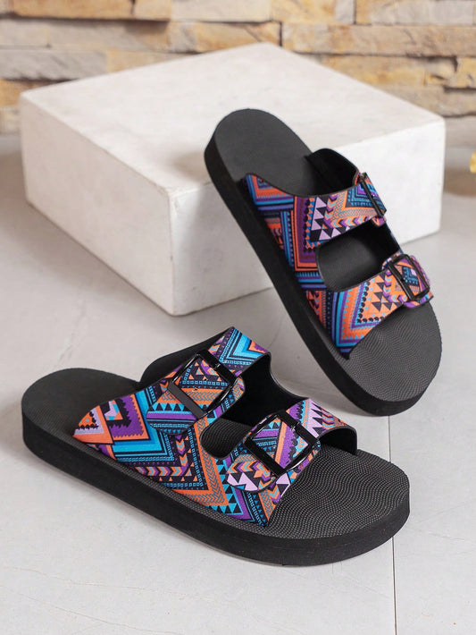 Color Block Buckled Comfort: Casual Plus Size Sandals with Soft Foam Soles