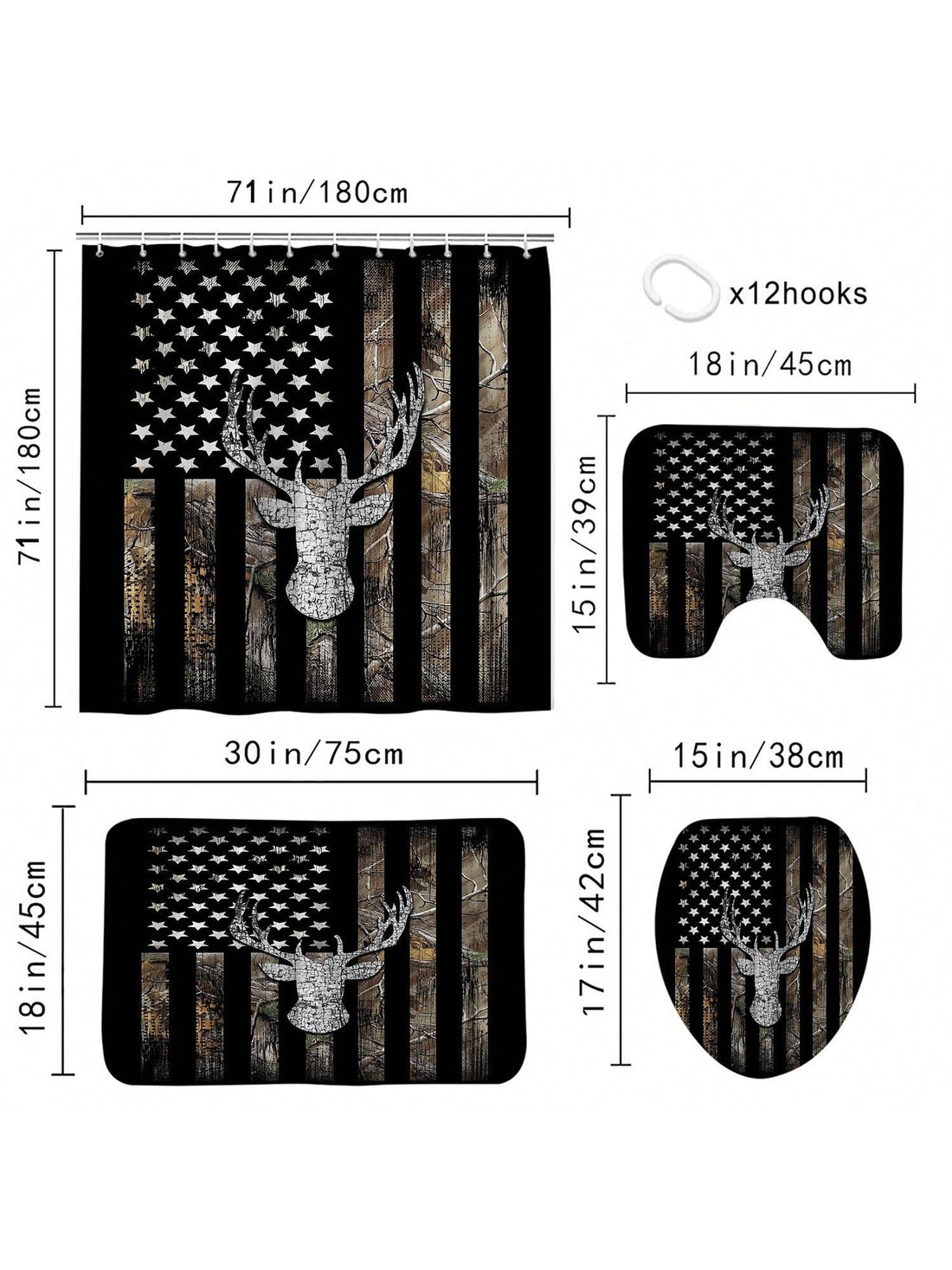 Enhance your bathroom decor with our American Flag Deer Head <a href="https://canaryhouze.com/collections/shower-curtain" target="_blank" rel="noopener">Shower Curtain</a> Set. Made with high-quality materials, this set includes all bathroom accessories needed for a complete look. Show your patriotism while adding a touch of rustic charm to your bathroom.