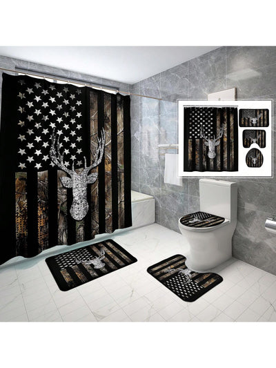 American Flag Deer Head Shower Curtain Set with Bathroom Accessories