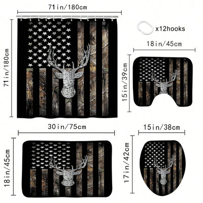 American Flag Deer Head Shower Curtain Set with Bathroom Accessories