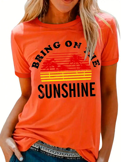 Relax in Style: Women's Palm Tree Slogan Print Short Sleeve T-Shirt