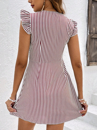 Striped Print Button-Front Dress with Ruffle Trim and Butterfly Sleeves