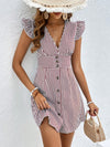 Striped Print Button-Front Dress with Ruffle Trim and Butterfly Sleeves