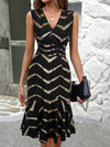 Golden Elegance: Women's Foil Stripe Ruffle Hem Sleeveless Dress