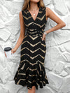 Golden Elegance: Women's Foil Stripe Ruffle Hem Sleeveless Dress