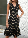 Radiant in Gold: Women's Foil Stripe Ruffle Hem Sleeveless Dress