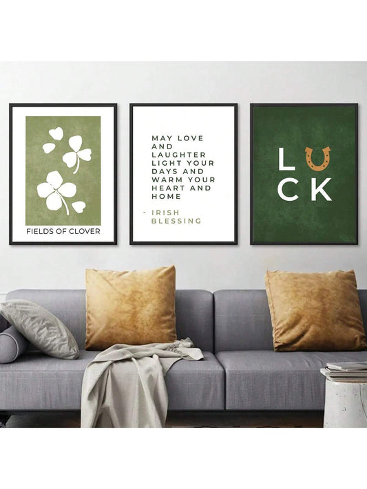 Upgrade the ambiance of any room with this set of 3 Lucky Clover Art Posters. Each poster features an inspiring quote, sure to bring motivation and positivity to any space. Crafted with care and designed for any room in your home, these posters will add a touch of elegance and inspiration to your walls. Elevate your décor and mindset with these Lucky Clover Art Posters.