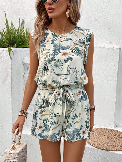 Women's Summer Vacation Printed Outfit: Sleeveless Pleated Waist Tie Front Shirt and Shorts