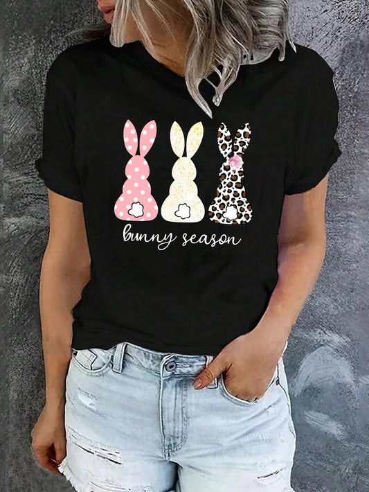 Stay stylish and festive this Easter season with our Easter Bunny Bliss Printed Short Sleeve T-Shirt for women. Made with high-quality materials, this shirt is both comfortable and eye-catching with its playful Easter bunny design. Perfect for any Easter gathering or event, add a touch of whimsy to your wardrobe.