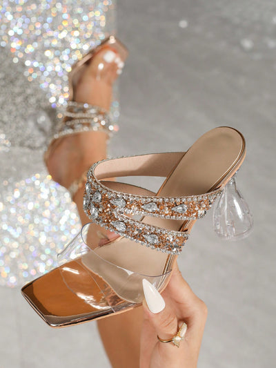 Crystal Clear Elegance: Summer Party High Heel Sandals with Rhinestone Decoration