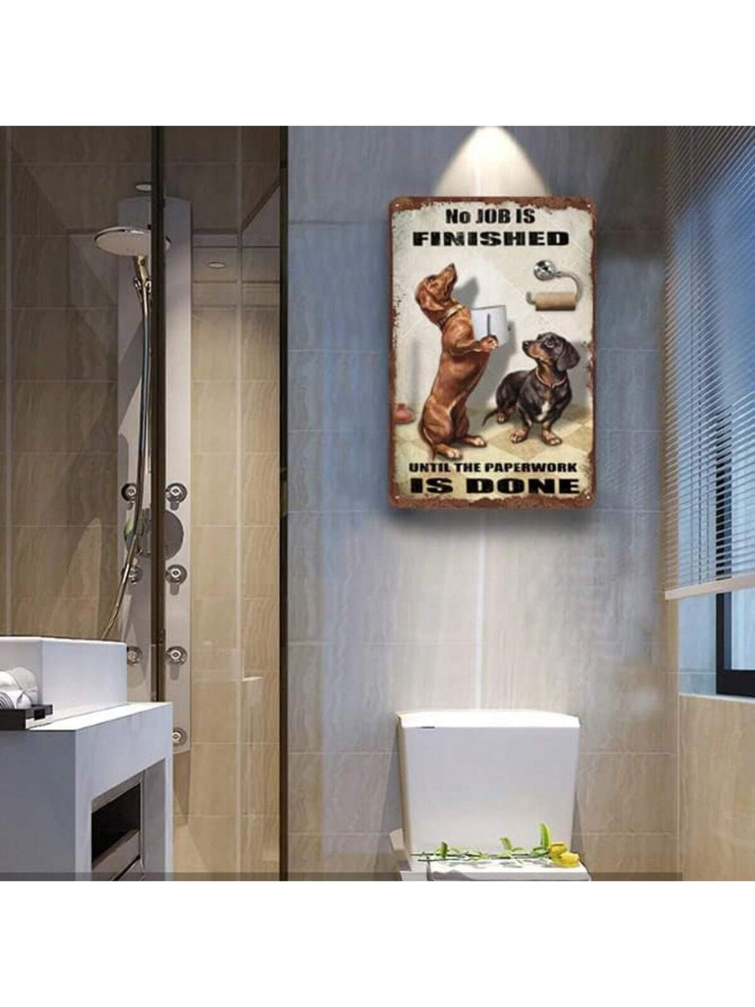 This Vintage Dachshund Bathroom Metal Tin Sign effortlessly adds charm and character to any bathroom <a href="https://canaryhouze.com/collections/metal-arts" target="_blank" rel="noopener">decor</a>. Crafted from durable metal, this sign features a vintage dachshund design that brings a touch of nostalgia to your space. Elevate your bathroom design with this unique and eye-catching piece.