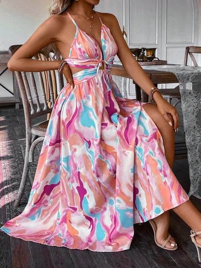 As an expert in the fashion industry, I introduce the Summer Solstice Tie-Dye Cutout Cami Dress. Designed with a unique tie-dye pattern and cutout details, this dress is perfect for summer. Made with lightweight materials, it offers both style and comfort. Enhance your wardrobe with this must-have dress.