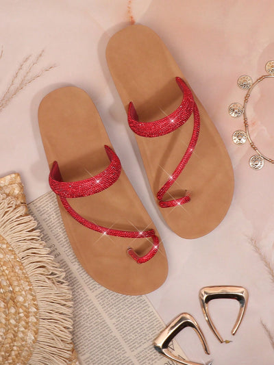 Red Rhinestone Glam: Ladies Fashionable Flat Sandals