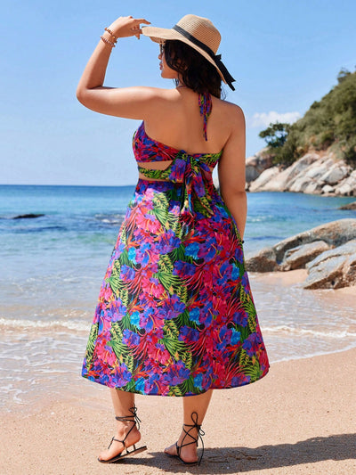 Summer Vibes: Plus Size Tropical Print Halter Neck High Slit Dress