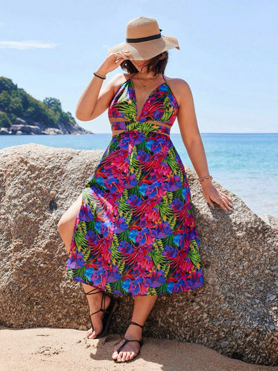 Summer Vibes: Plus Size Tropical Print Halter Neck High Slit Dress