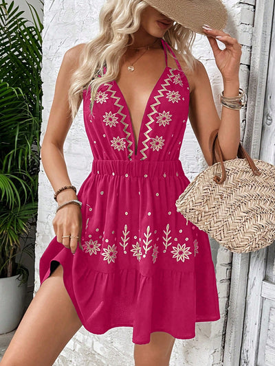 Floral Dreams: Women's Deep V-Neck Dress with Stunning Embroidery