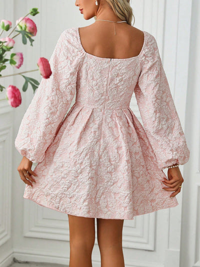 Chic and Elegant: Jacquard Square Neck Lantern Sleeve Dress