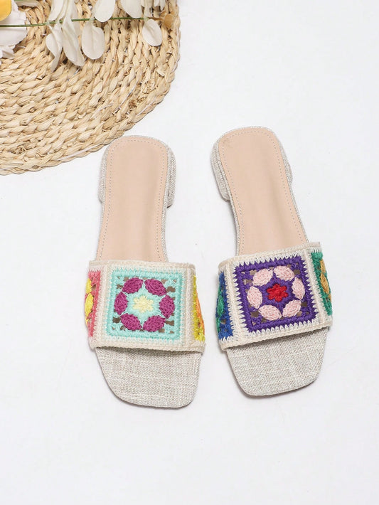 Stylish and Vibrant: Multicolored Embroidered Flat Heel Sandals for Fashionable Women