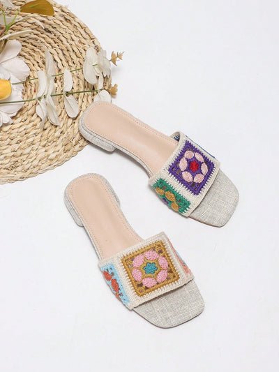 Stylish and Vibrant: Multicolored Embroidered Flat Heel Sandals for Fashionable Women