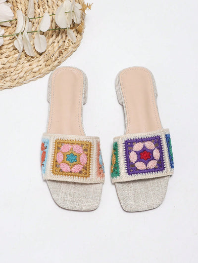 Stylish and Vibrant: Multicolored Embroidered Flat Heel Sandals for Fashionable Women