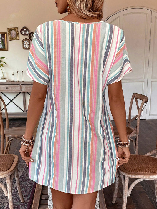 Rainbow Dream: Women's Colorful Striped Notched Neck Dress