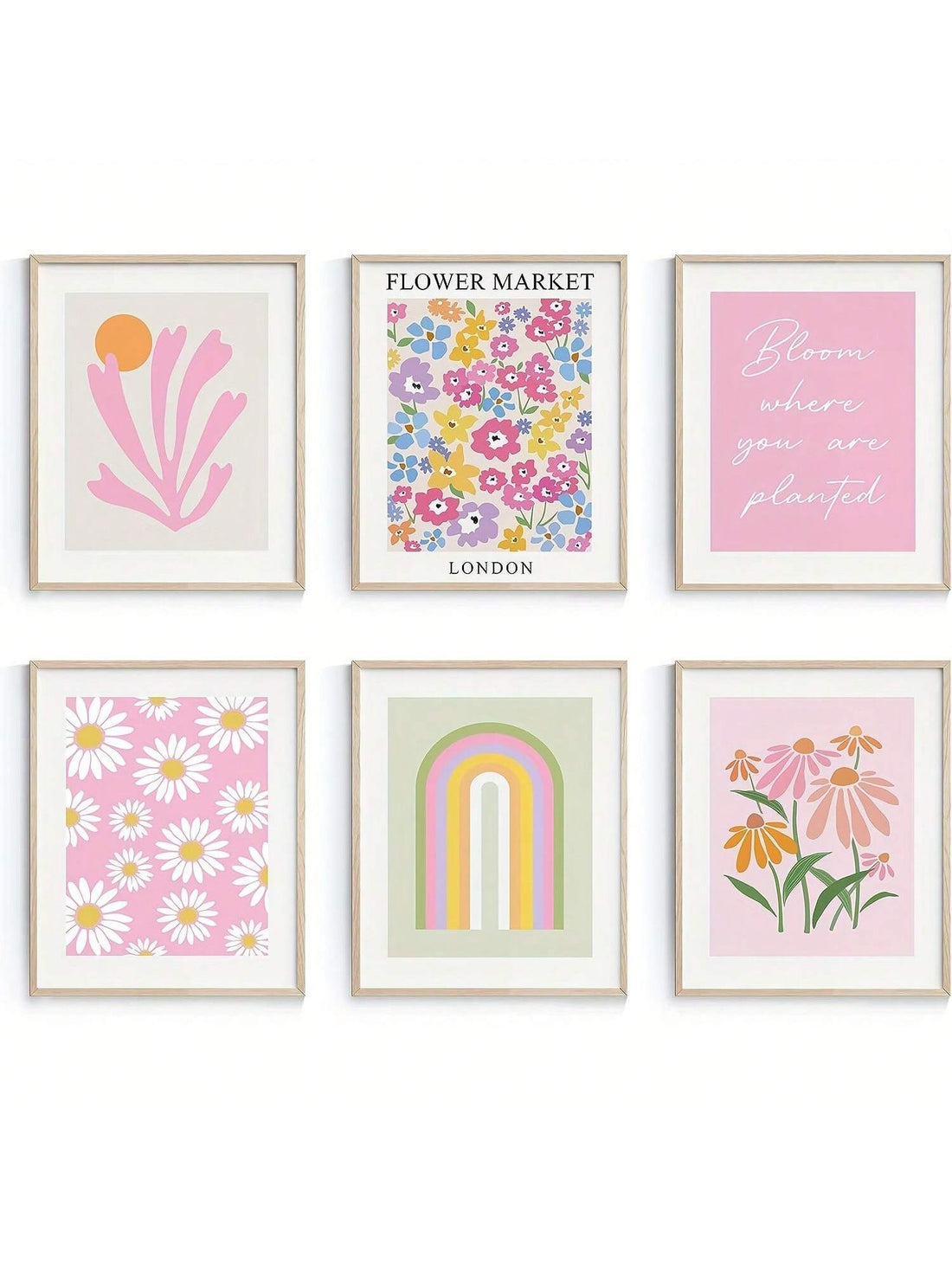 Add a touch of elegance and art to any girl's dorm room with our Pastel Pink Danish Bohemian Matisse Wall Decor Set. Featuring a beautiful Flower Market canvas print poster, this set brings a unique and stylish look to any space. Elevate your room with this stunning wall decor set.