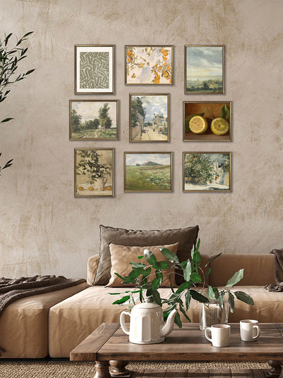 Vintage Visions: 9-Piece Retro Canvas Poster Collection for French Country Living Room Decor
