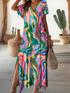 Bohemian Beauty Printed Short Sleeve Dress with Split Hem