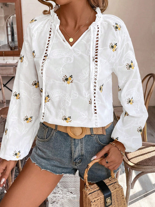 Frenchy Floral Bliss: Embroidered Balloon Sleeve Shirt for Your Summer Vacation