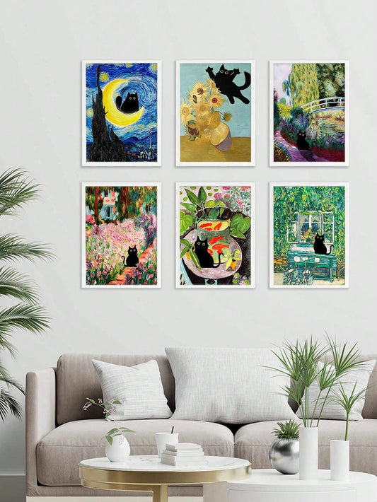 Elevate your living room decor with our 6-piece collection of famous paintings featuring Van Gogh and his beloved black cat. Each print adds a touch of chic style, perfect for art enthusiasts and interior design lovers. Let these iconic masterpieces bring life and character to your home.